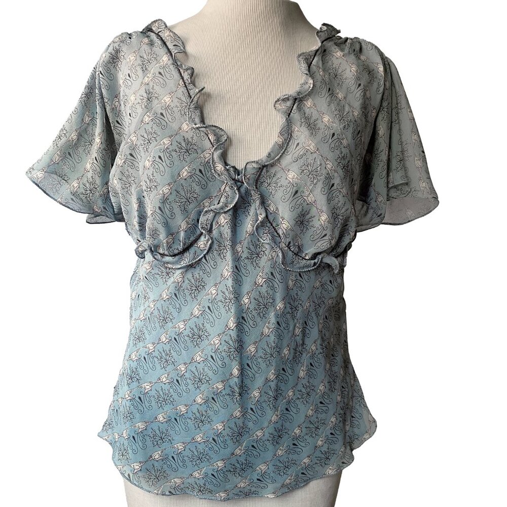 MAX STUDIO 100% Silk Fairycore Blouse Short Flutter Sleeves Ruffles Blue S